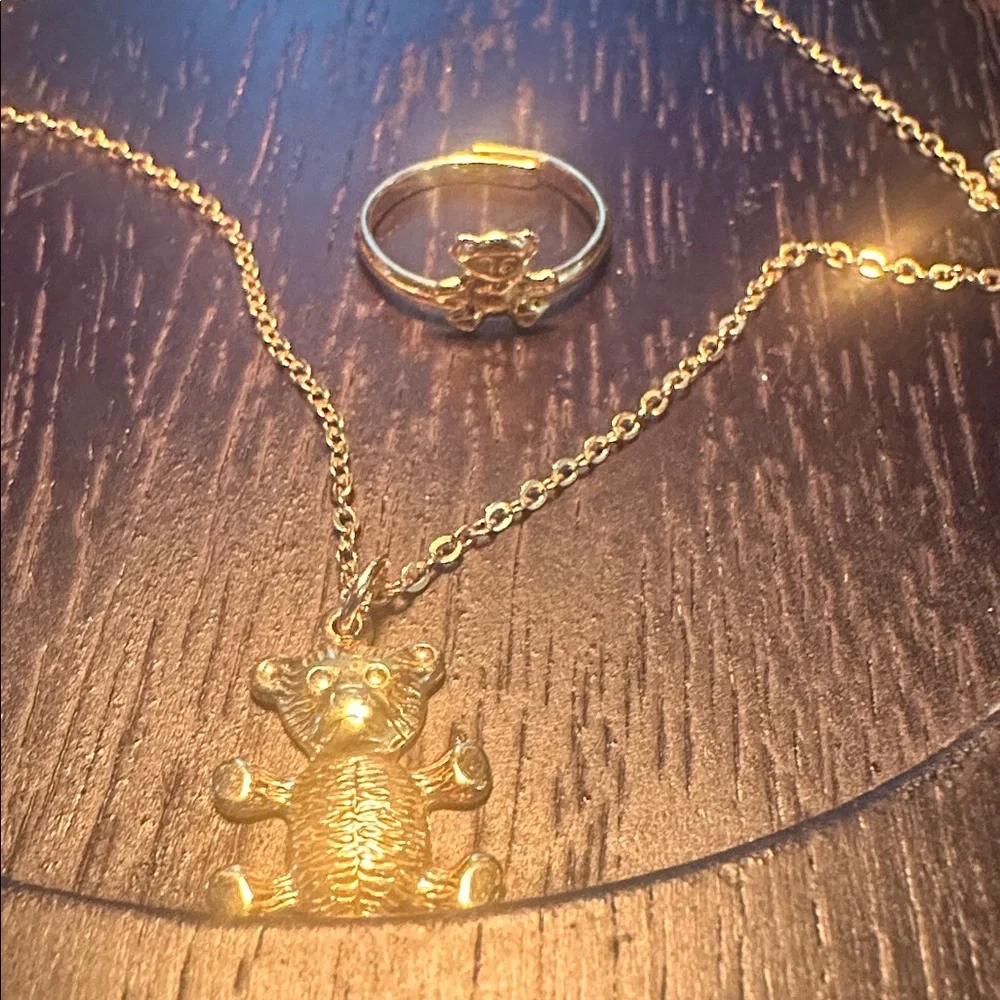 Teddy Bear Initial M Gold Tone Necklace with Adjustable Teddy Bear Ring